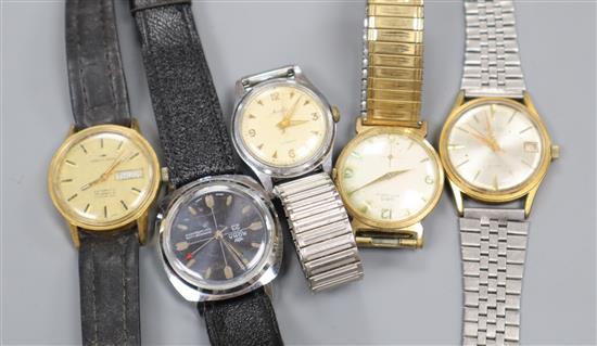 Five gentlemens assorted wrist watches, including Oris and Roma.